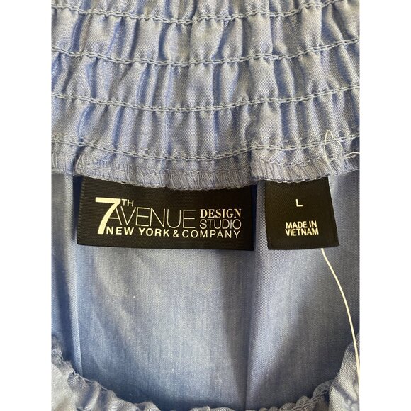 NWT NY&C 7th Avenue Oxford Blue Off-the-Shoulder Smocked Women’s Blouse Size L - Picture 6 of 6